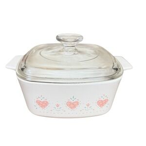 Vintage Corning Ware Abundance Casserole Dish with Lid Pink Heart Floral Square